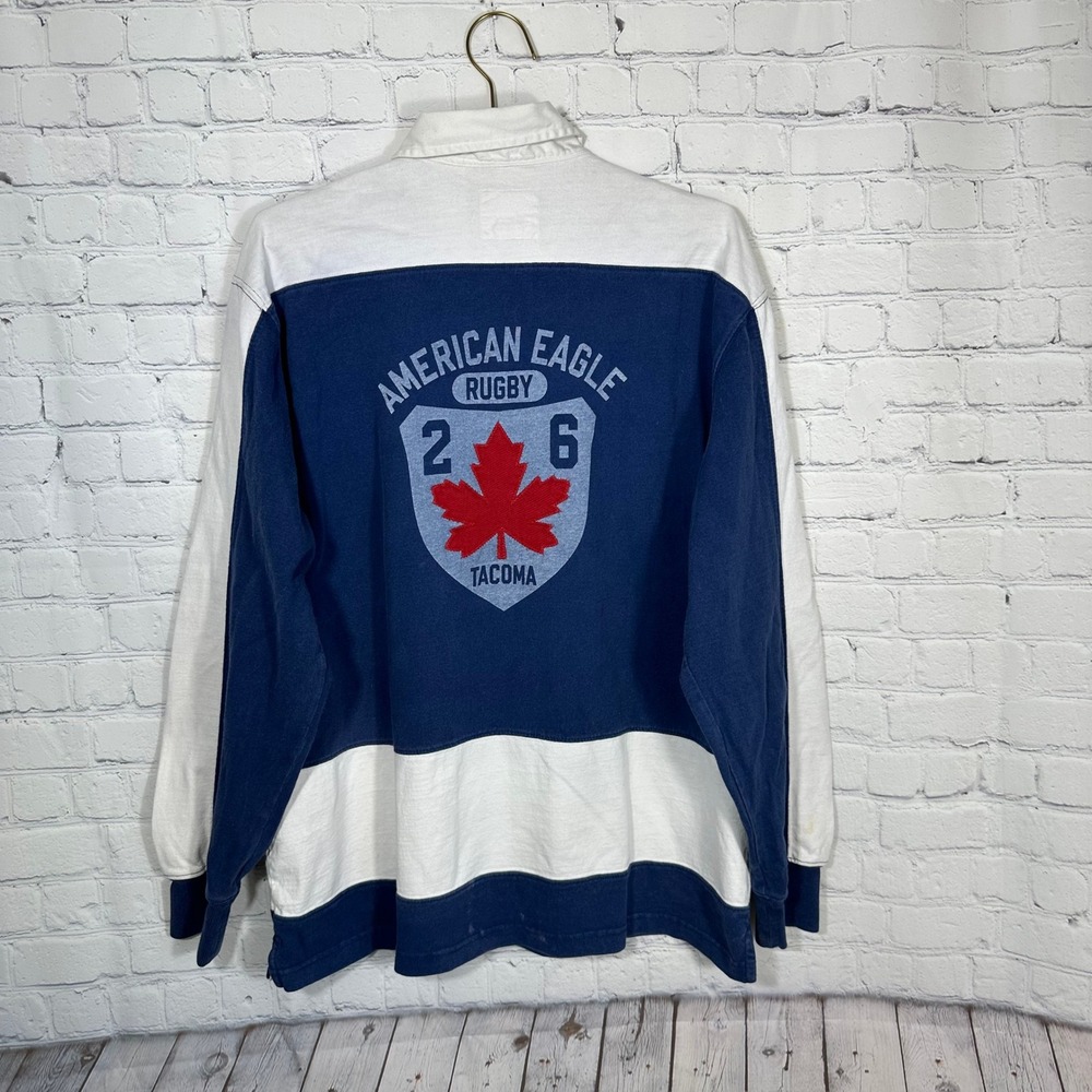 American Eagle Vintage Rugby Shirt Mens Large Navy Blue White Tacoma Maple‎ Leaf